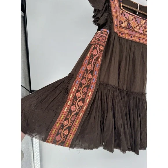 Free People Day Glow Embroidered Mini Dress Bitter Olive Brown XS Boho festival - Picture 3 of 7